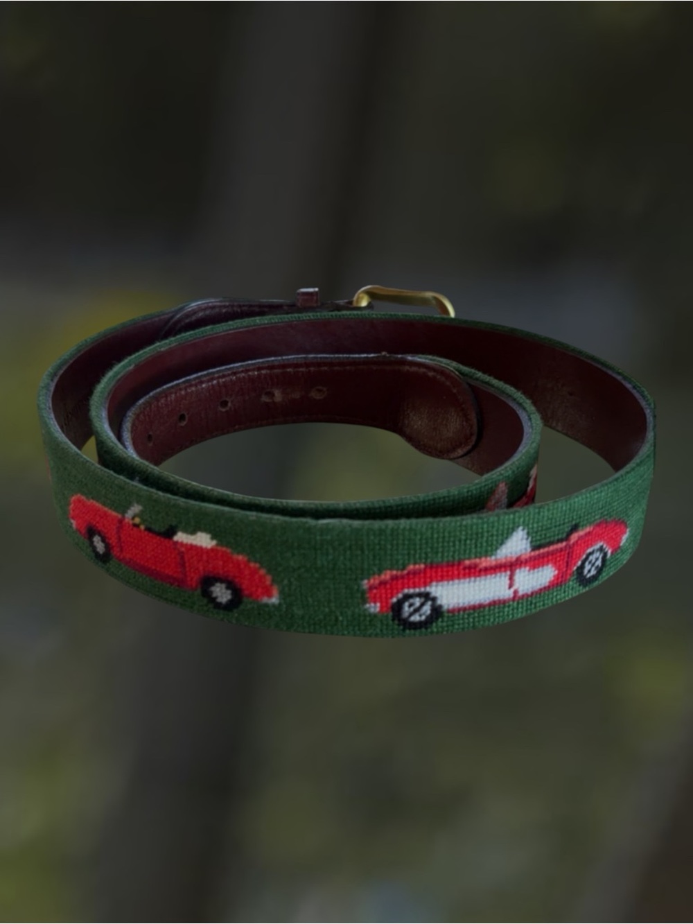 Men’s Green Canvas Belt with Red Car Motif